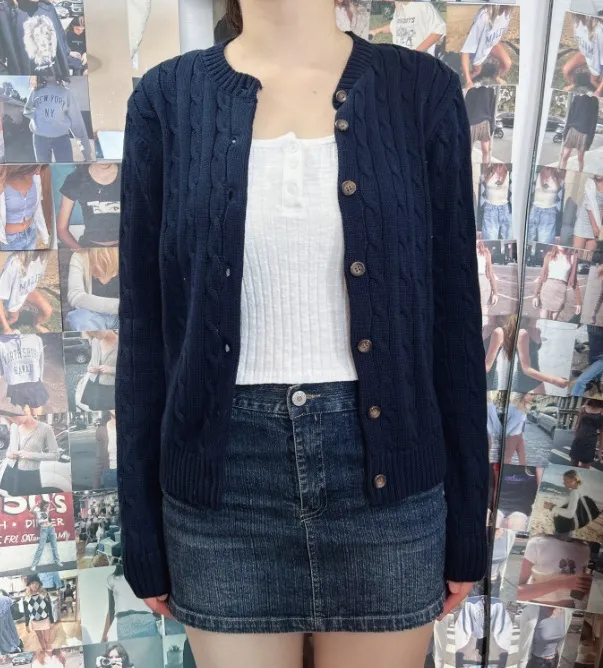 American Retro Blue Twist Knitted Cardigan Navy Blue - Shop at LoveMi