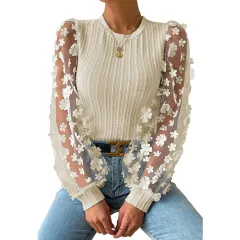 Women's Mesh Small Flower Chiffon Shirt Summer Round Neck Long Sleeve Top - Khaki - View 1