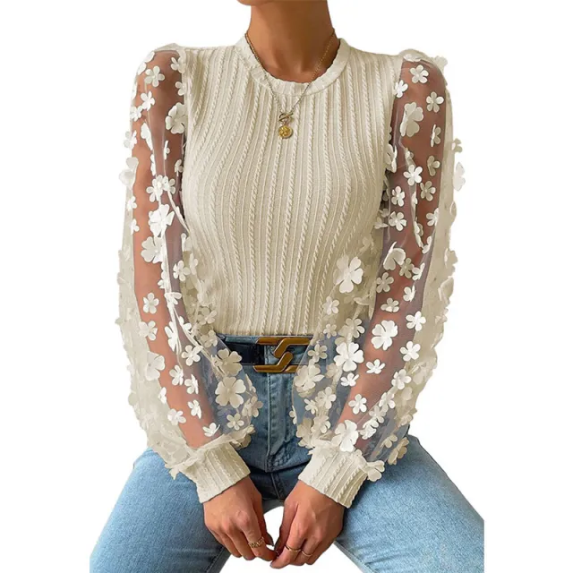 Women's Mesh Small Flower Chiffon Shirt Summer Round Neck Long Sleeve Top Khaki - Shop at LoveMi