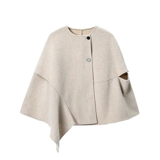 Button Double faced Woolen Goods Shawl Beige - Shop at LoveMi
