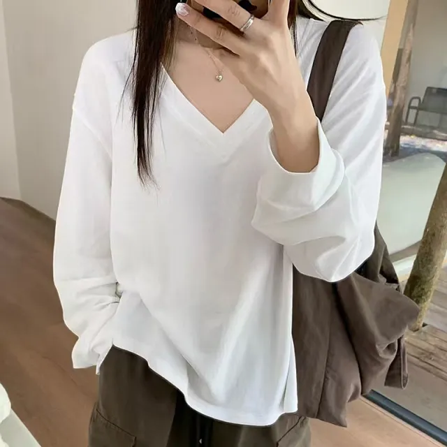 Women's Korean style V neck Off shoulder Long sleeved T shirt White - Shop at LoveMi