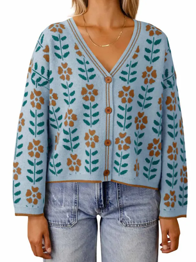 European And American Ladies Single breasted Long Sleeve Flower Sweater Blue - Shop at LoveMi