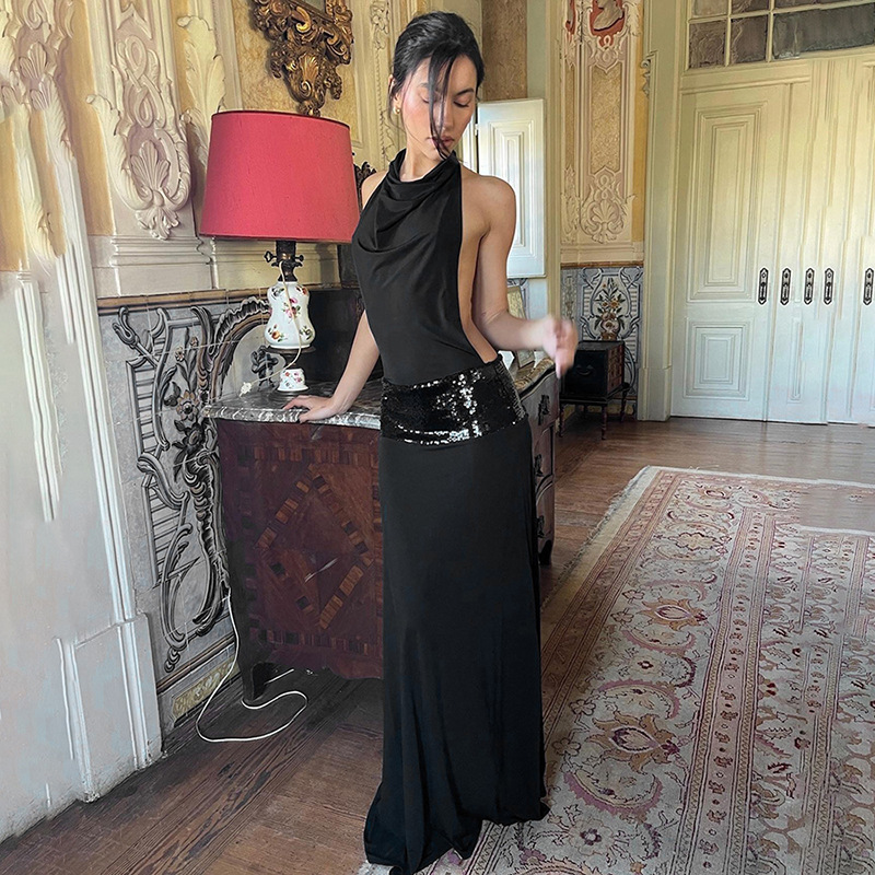 Fashion Personality Stitching Halter Long Dress Women