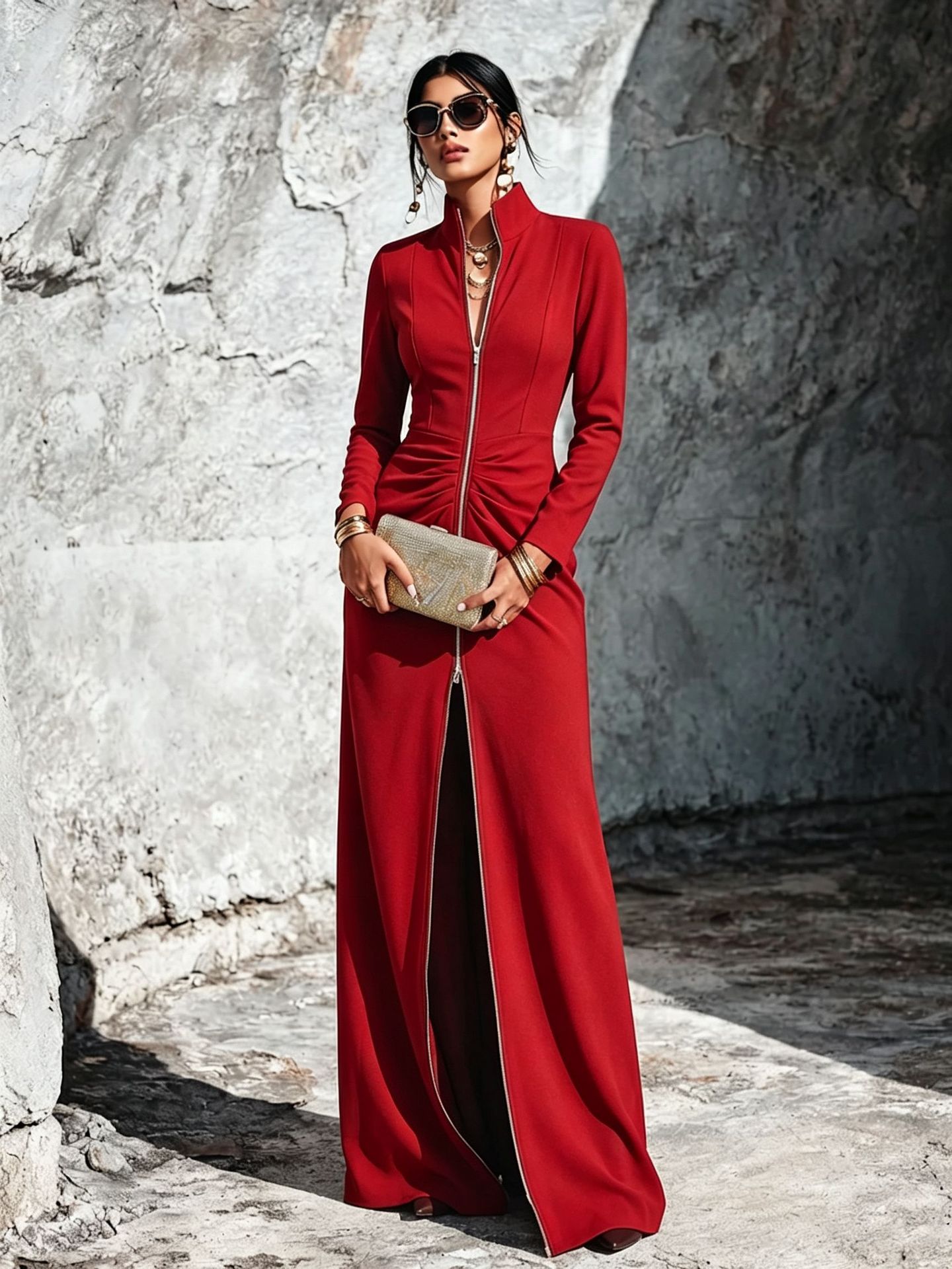 Women's Long-Sleeve Zip-Up Dress - Slim Fit Elegant