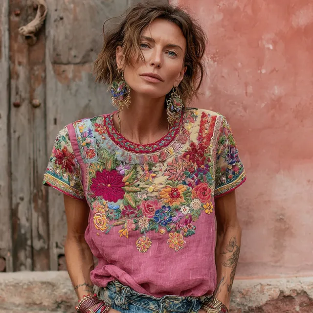 Womens Retro Printed Patchwork Crew Neck Top Pink - Shop at LoveMi