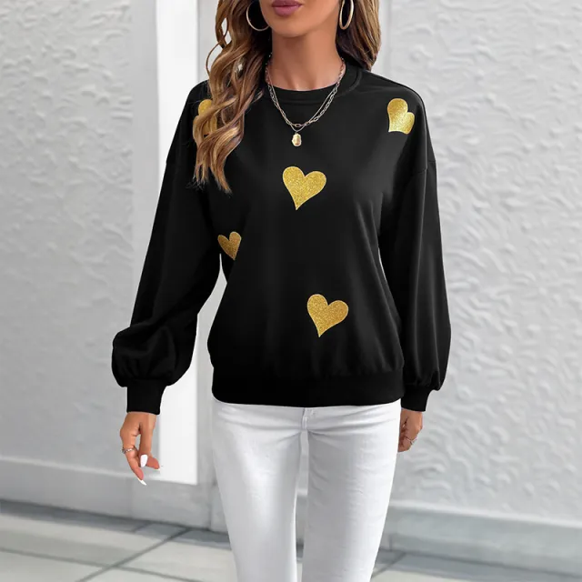 Women's Sweet Style Heart Printing Loose Round Neck Long Sleeve Sweater Black - Shop at LoveMi