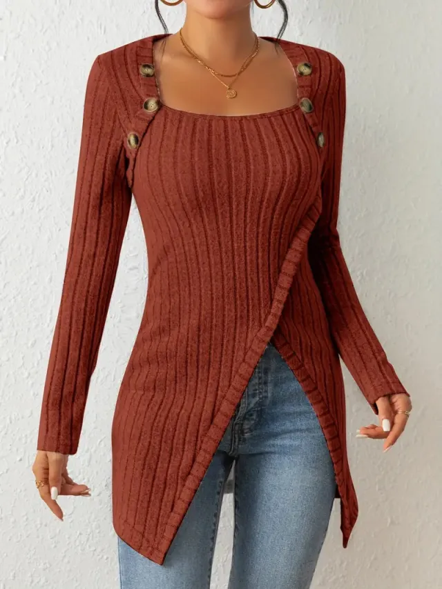 Square Collar Irregular Knitted Top With Button Design Fashion Solid Long sleeved Long Top For Women Clothing Chocolate S - Shop at LoveMi