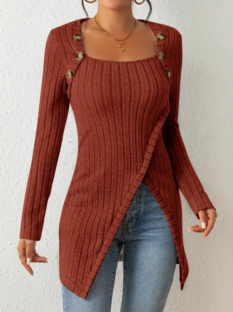 Square Collar Irregular Knitted Top With Button Design Fashion Solid Long-sleeved Long Top For Women Clothing - Chocolate-S