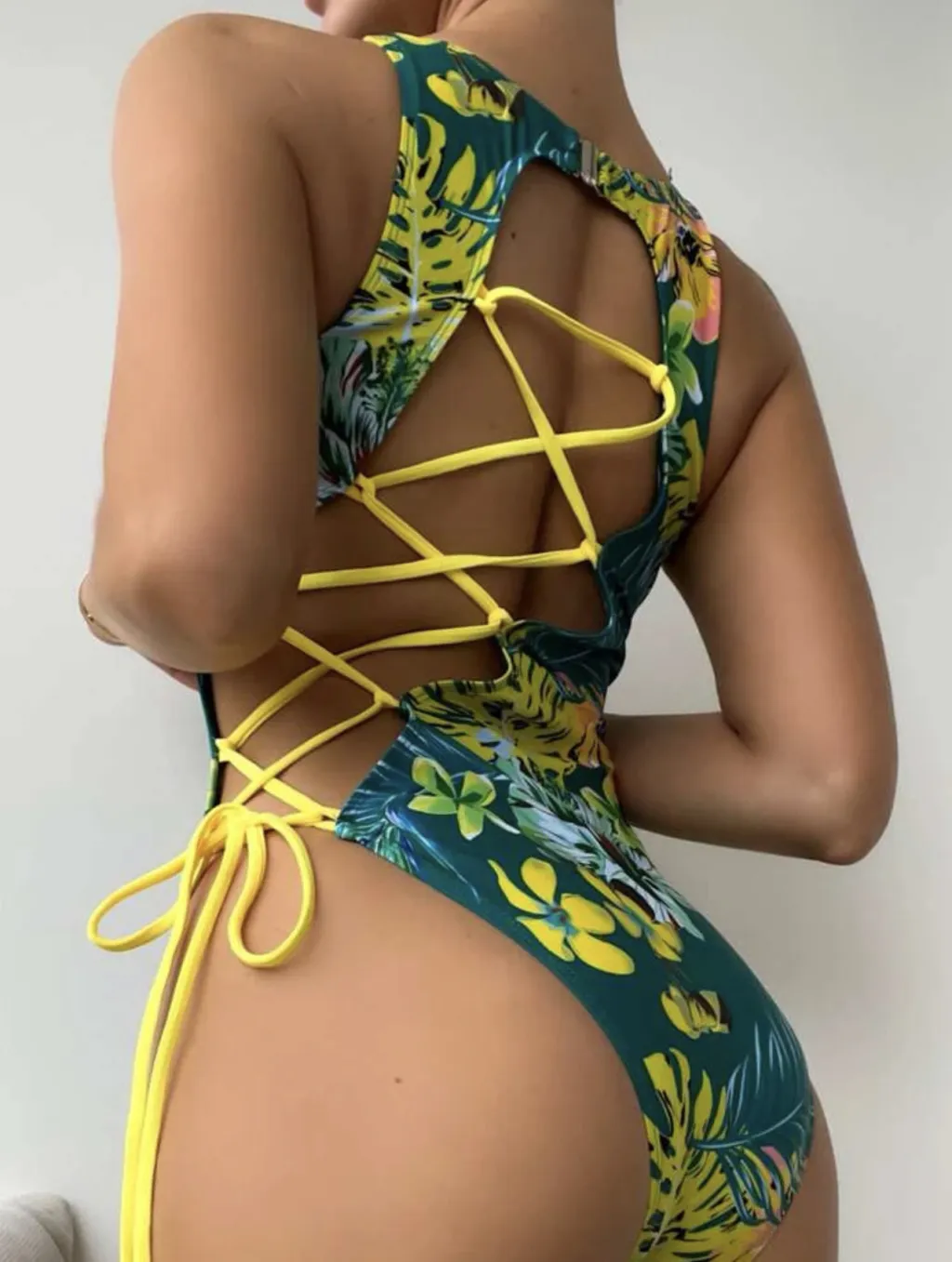 New Back Hollow Out Strap One Piece Swimsuit - Yellow