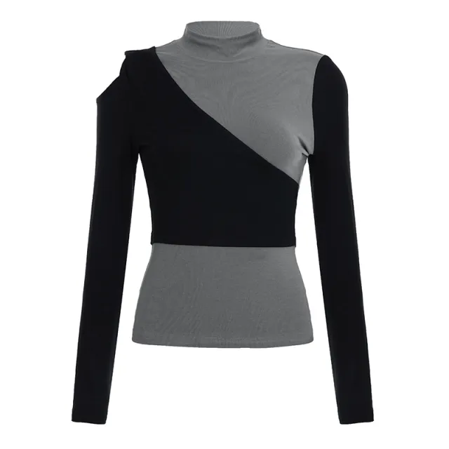 New Color blocked Mock neck Slim fit Top Gray - Shop at LoveMi