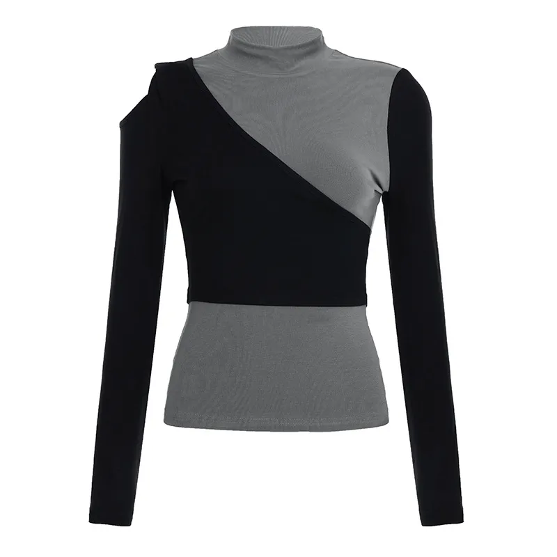 New Color-blocked Mock-neck Slim-fit Top - Gray