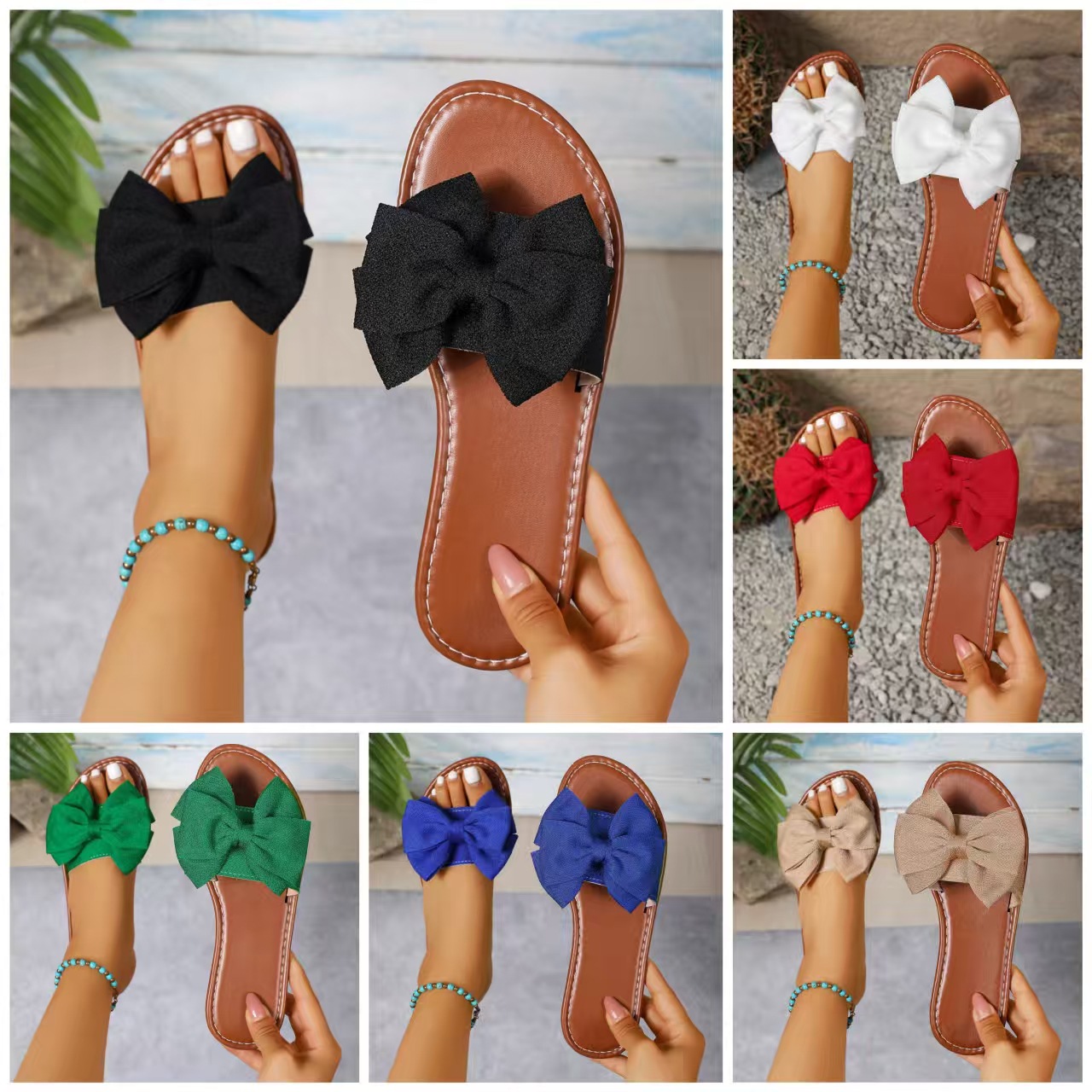 Flat Round-toe Slide With A Bow Detail Casual Flat-heeled Fabric Sandals For Outdoor Wear