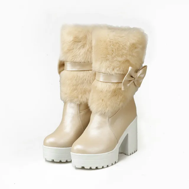 Women's Thick Heel Snow Sweet Bow Boots Beige - Shop at LoveMi