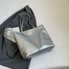 Tote Bag Women's Large Capacity Oil Leather Double Zipper - Silver - View 1