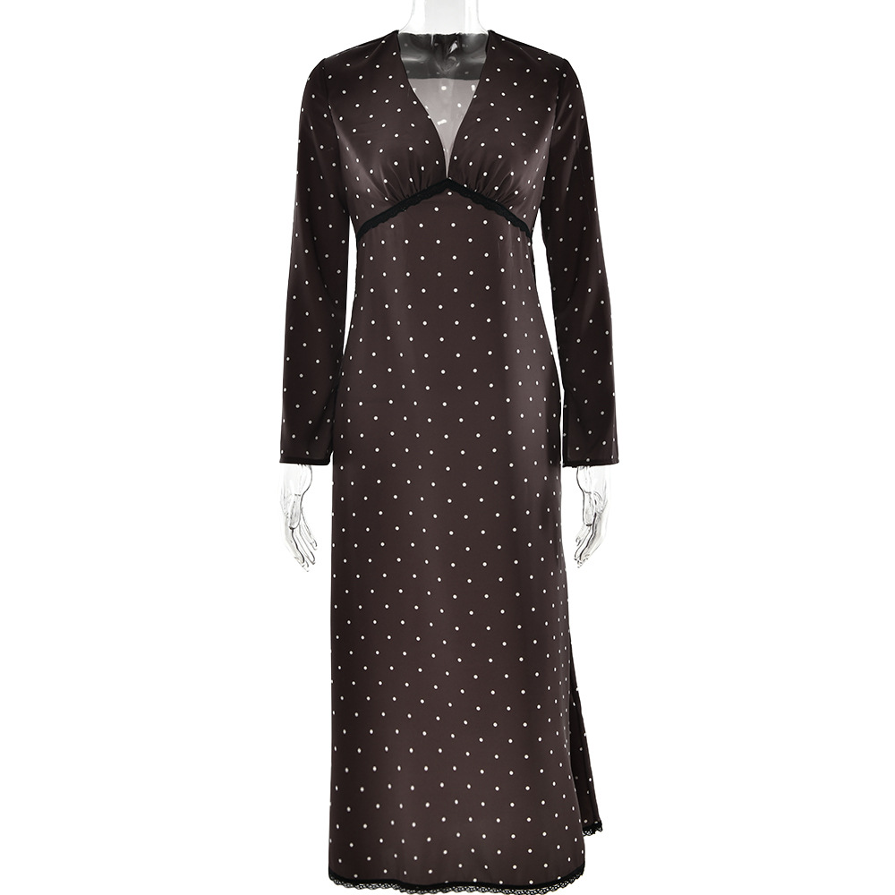 V-neck Autumn New French Style Temperament Fitted Waist Polka Dots Dress