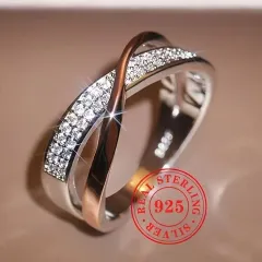 Cross-border Copper Plated White K Inlaid Zircon Simple Personality X-shaped Two-tone Ring - Copper Plated White K - View 1