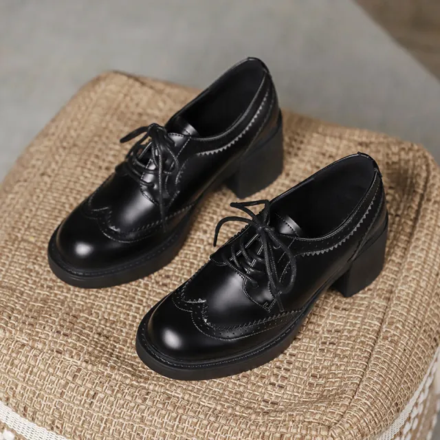 Women's Autumn New Carved Lace up Round Head British Black Chunky Heel Shoes Black - Shop at LoveMi