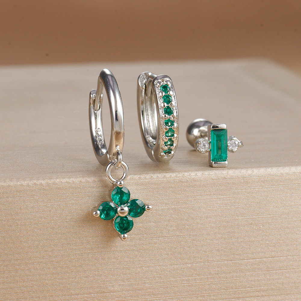 Geometric Ear Studs Suit Green Zircon Flower Light Luxury