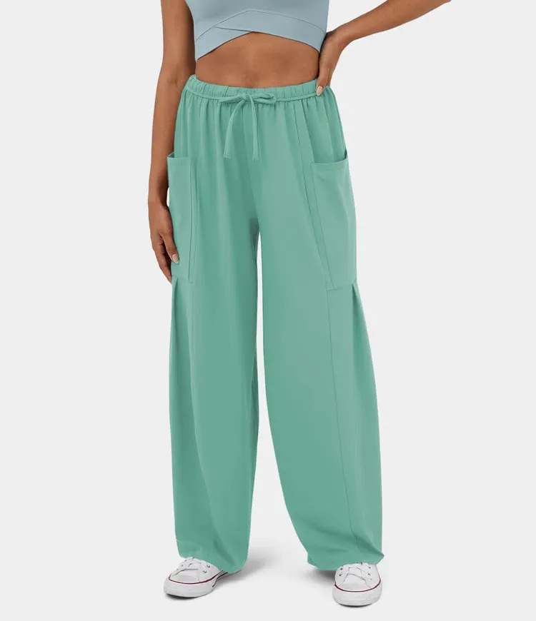 Fashionable And Stylish Elastic Waist Pleated Wide Leg Pants - Light Green