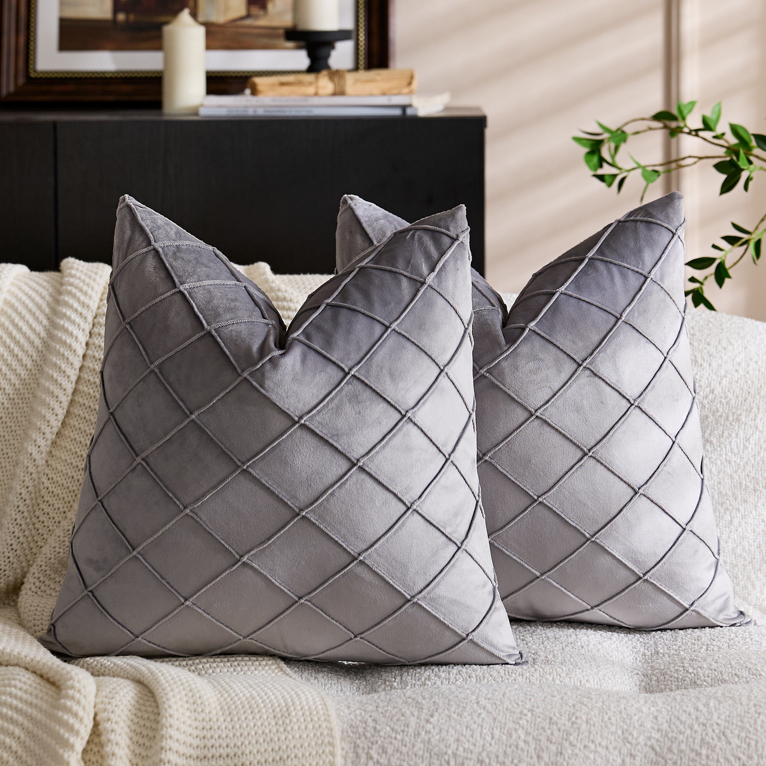 Solid Color Velvet Embroidered Plaid Pillowcase 11