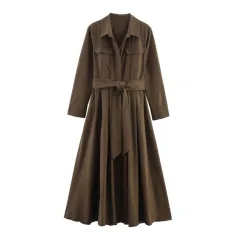 New European And American Style Fashionable Poplin Shirt Dress - Brown - View 1