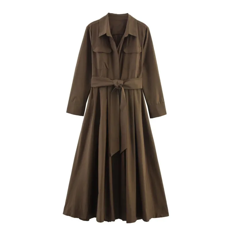 New European And American Style Fashionable Poplin Shirt Dress - Brown