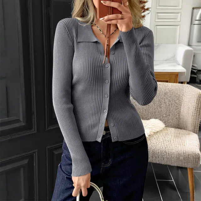 Women's Solid Color Buttons Long sleeved Sweater Dark Gray - Shop at LoveMi