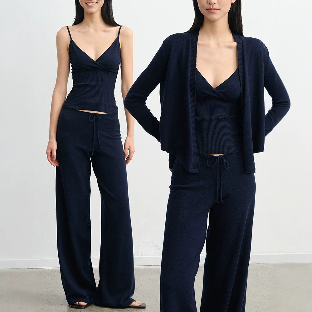 Knitted Camisole Top And Casual Figure-flattering Wide-leg Trousers Set