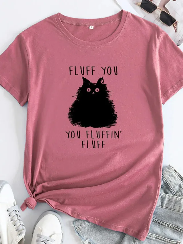 Female Pattern Fluffy Cat Short Sleeve Rose - Shop at LoveMi