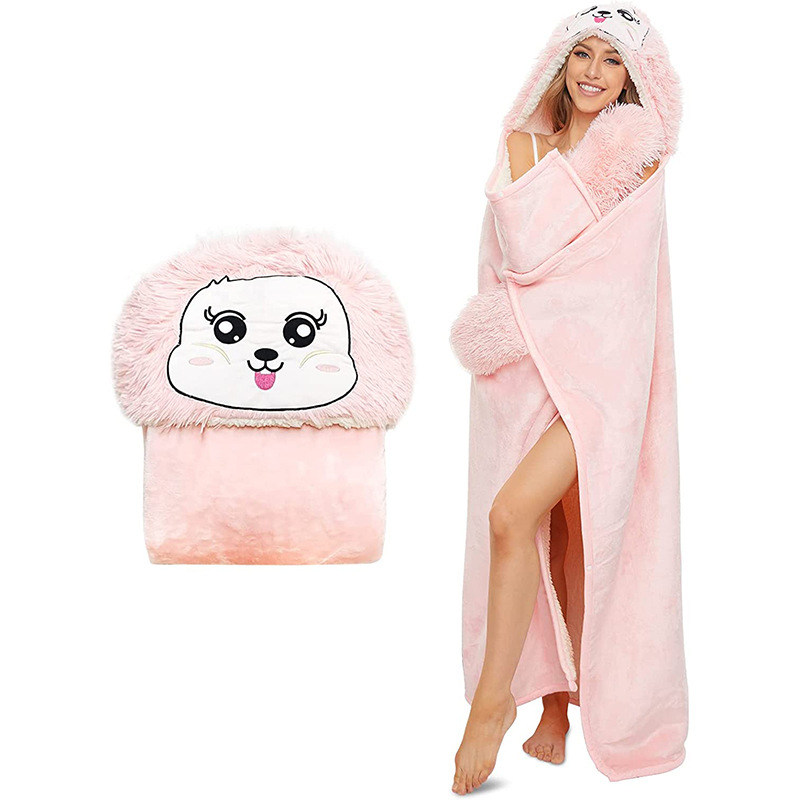 Leopard Print Hooded Blanket Cloak Pink Rabbit - Shop at LoveMi