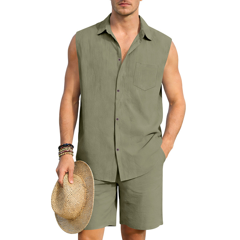 Mens Linen Sleeveless Shirt And Shorts Set