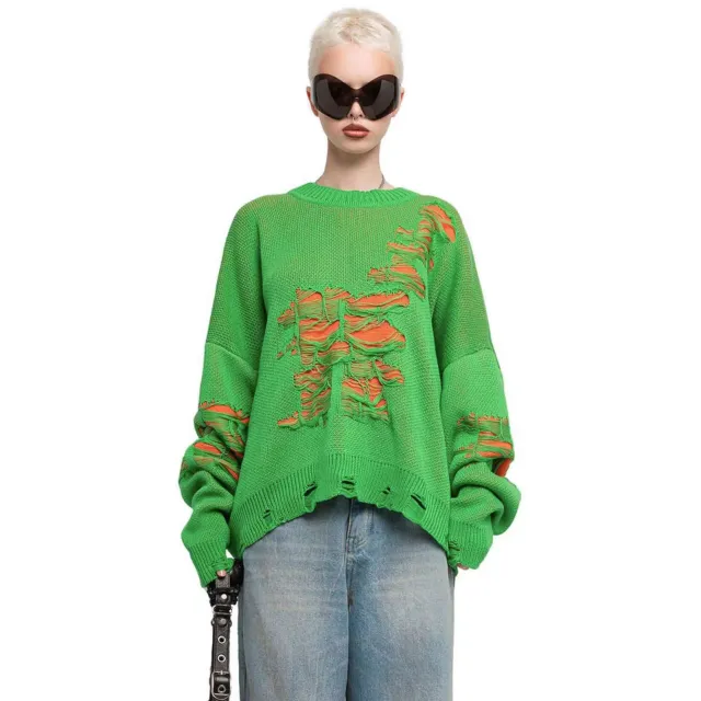 Loose And Idle Color Matching Ripped Long Sleeves Top Green - Shop at LoveMi