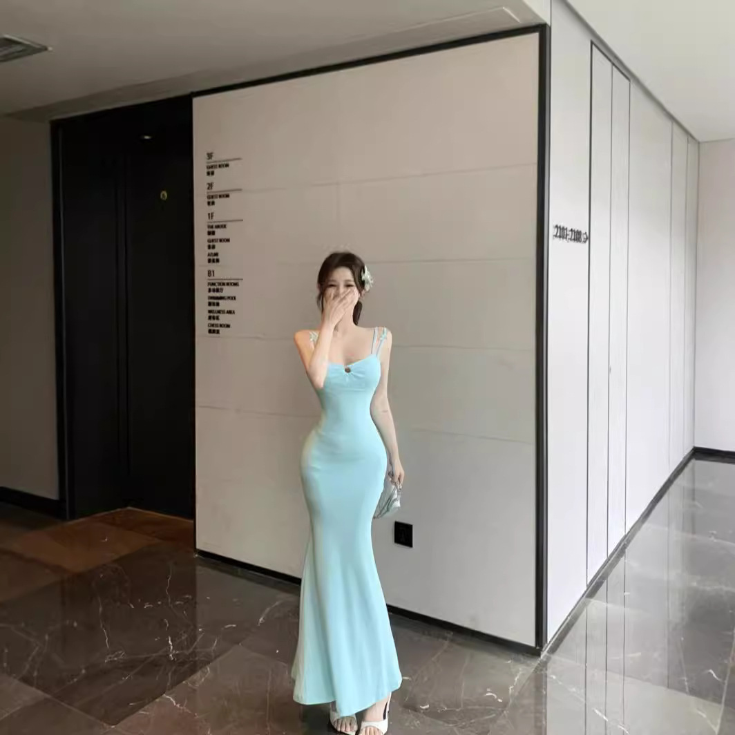 Double-shoulder Strap Sling Waist-tight Slim And Sexy Hip-wrapped Fishtail Dress