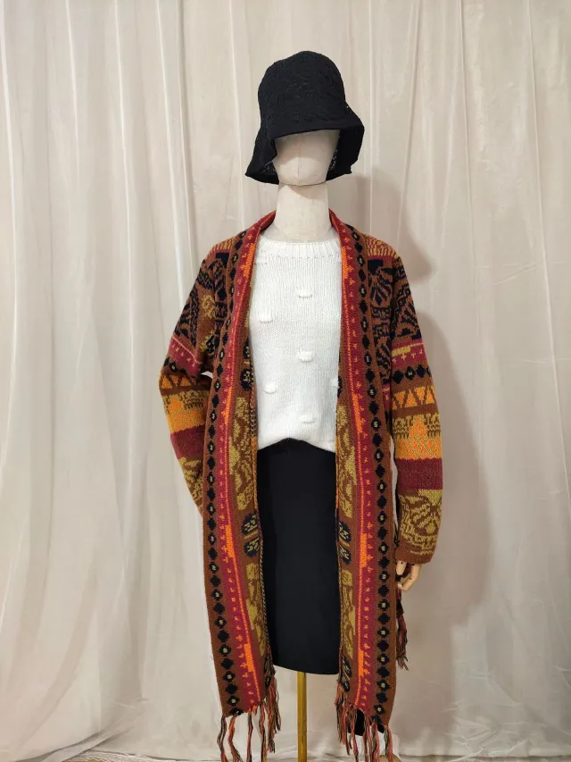 Autumn And Winter European And American Jacquard Retro Ethnic Style Women's Cardigan Version Loose Wool Cardigan Brown - Shop at LoveMi