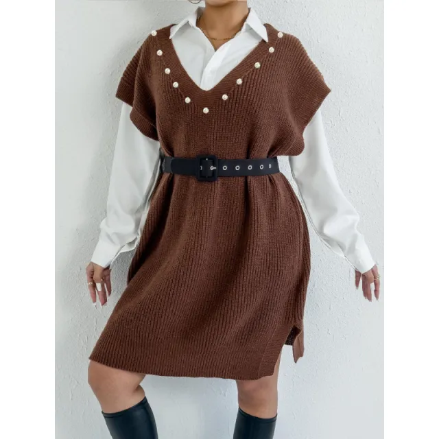 Preppy Style Casual Vest Dress V neck Beaded Loose Brown - Shop at LoveMi