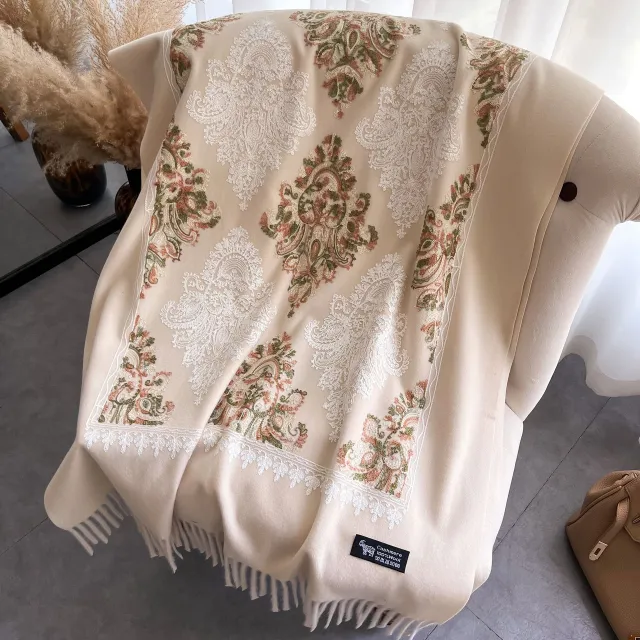 Autumn And Winter Cashmere like Embroidered Scarf Female Tassel Floral Thickening Khaki - Shop at LoveMi