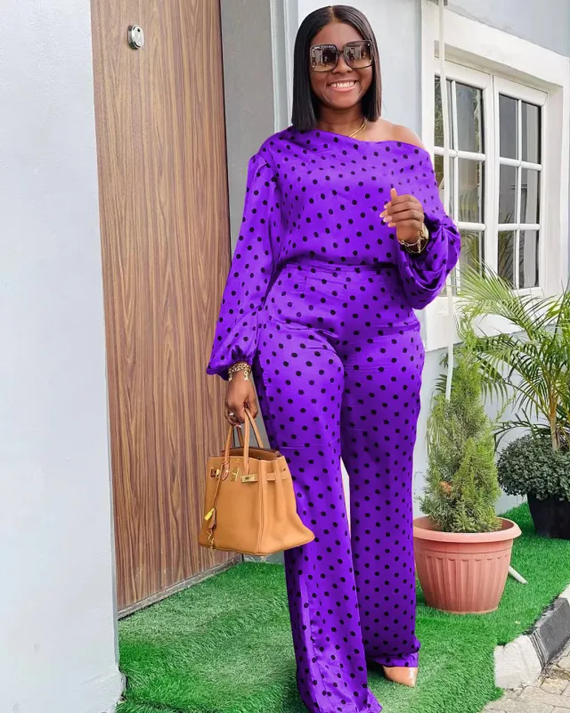 Polka Dot Printed Long sleeved Trousers Casual Fashion Loose Shoulder Suit Purple - Shop at LoveMi