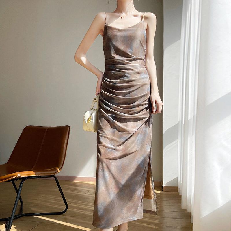 Mesh Off-neck Sling Dress Women's Side Slit