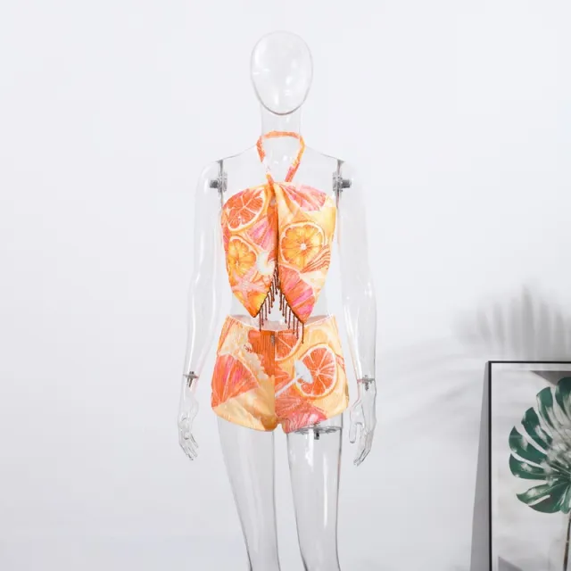 Female Tassel Print Fashion Individual Casual Suit Top And Shorts Suit L - Shop at LoveMi