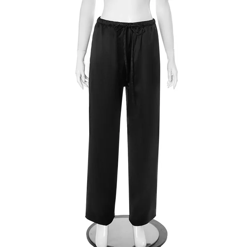 Women's Clothing Pure Colour Tied Wide Leg Leisure All-matching Trousers - Black