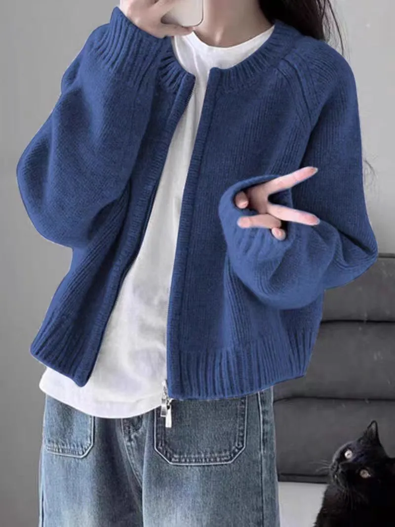 Loose Thickened Zipper Cardigan Long-sleeved Knitted Top - Dark Blue