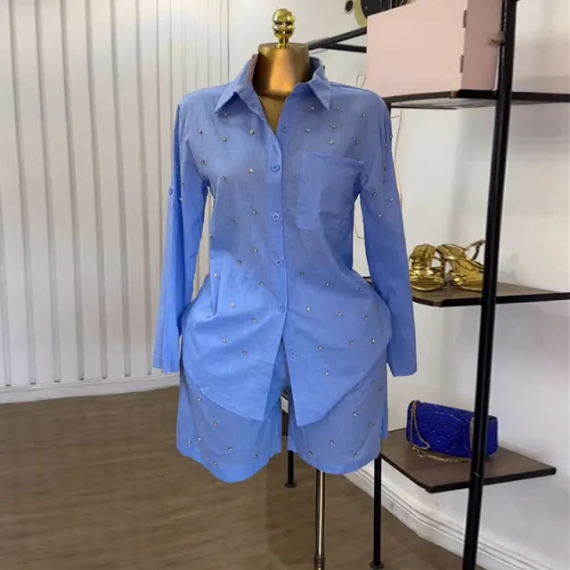 Lapel Beaded Slim fit Long sleeved Shirt Shorts Suit Blue - Shop at LoveMi