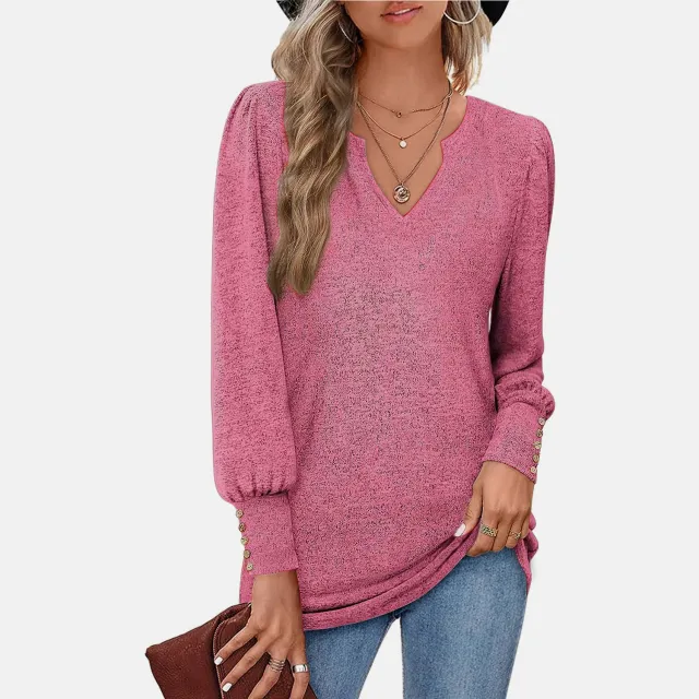 Women's Sweater Solid Color And V neck Casual Waist Puff Sleeve Button Long Sleeve Top Pink - Shop at LoveMi