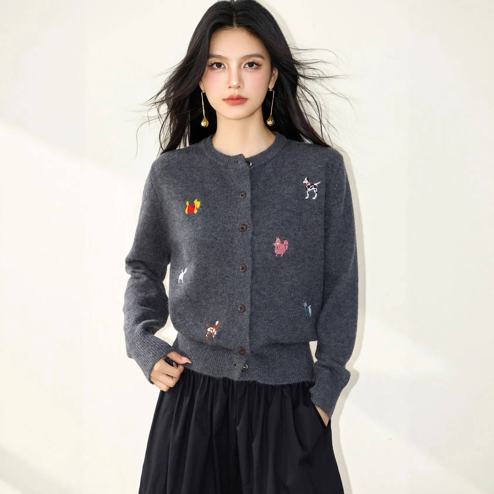 Womens Casual Embroidered Knit Cardigan