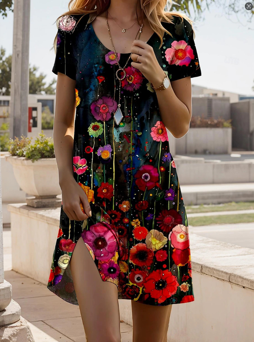 Printing Element Round Neck Short Sleeve Dress No6 Flower - Shop at LoveMi