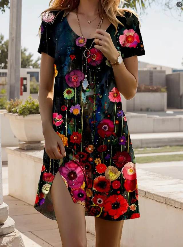 Printing Element Round Neck Short Sleeve Dress No6 Flower - Shop at LoveMi