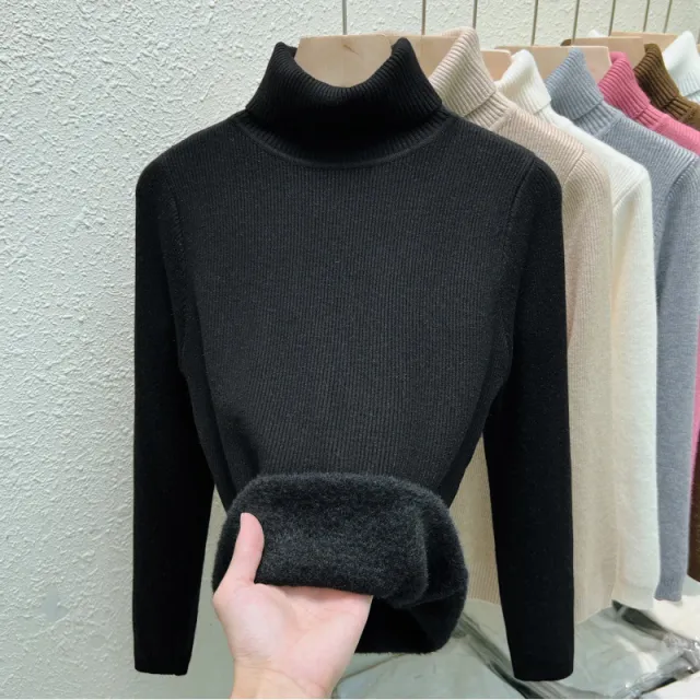 Fleece lined Thickened Autumn And Winter Turtleneck Sweater Slim Fit Warm Black - Shop at LoveMi