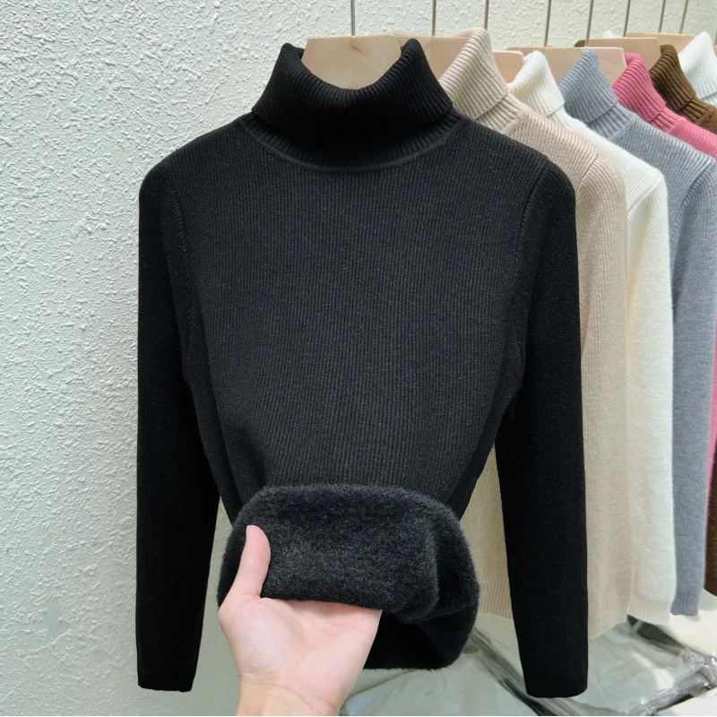 Fleece-lined Thickened Autumn And Winter Turtleneck Sweater Slim Fit Warm - Black