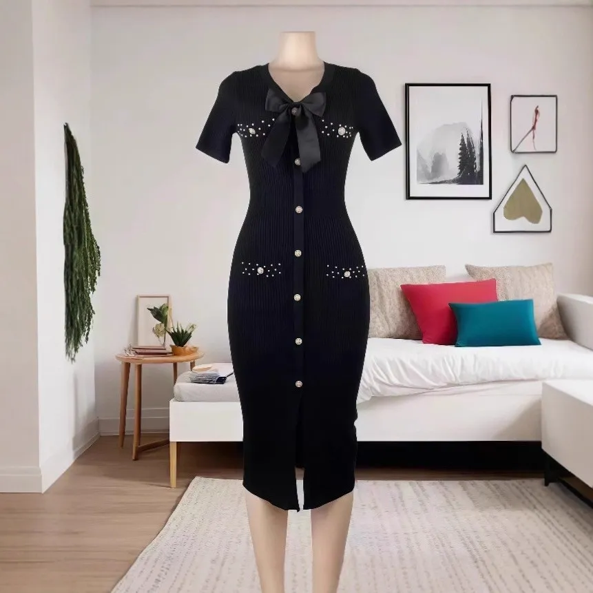 V-neck Bow Short-sleeved Beaded Button Slit Knit Dress - Black