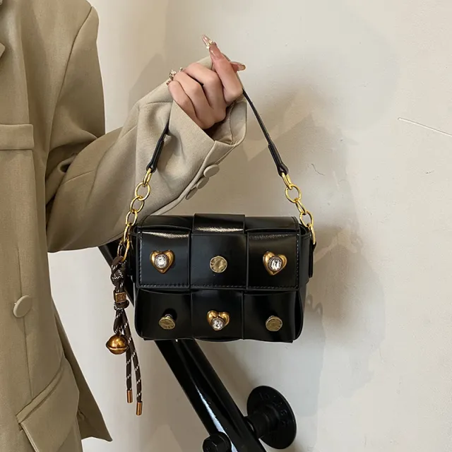 Fashion Stitching Shoulder Women's Crossbody Small Rivet Square Bag Black - Shop at LoveMi